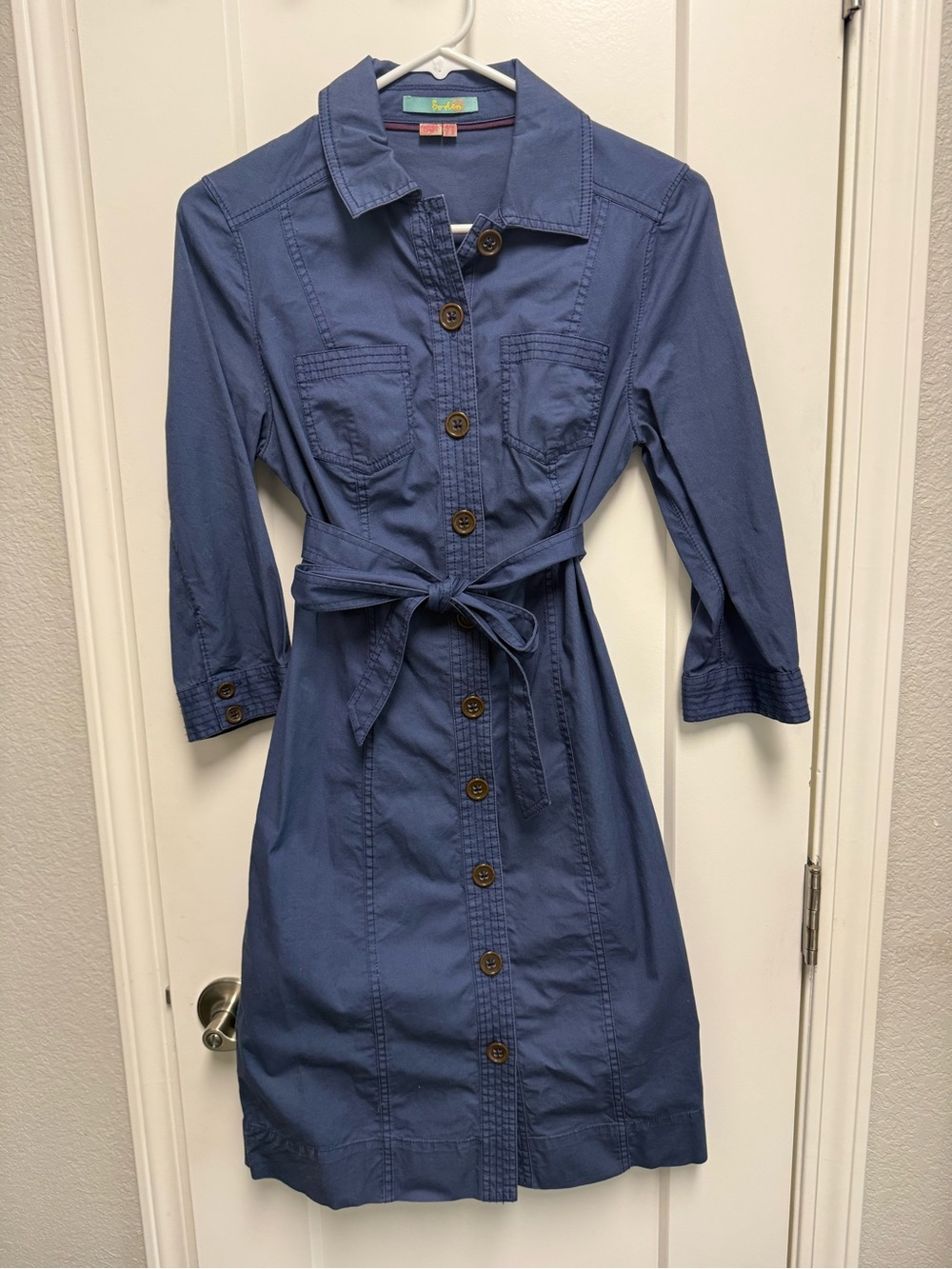 Boden Blue Button-Front Shirt Dress with Waist Tie